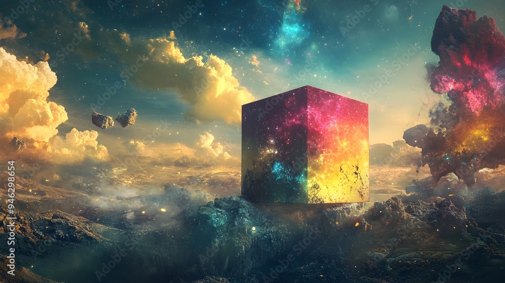 Poster surreal and conceptual image depicting a box interacting with a vibrant unusual landscape in an abst