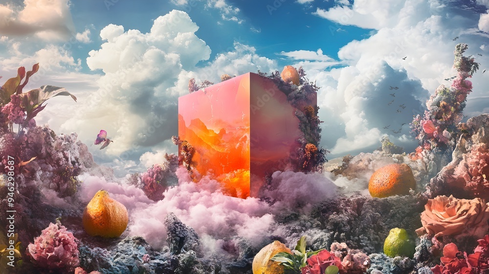 Poster a conceptual surreal landscape with a box interacting with unusual vibrant elements creating an imag