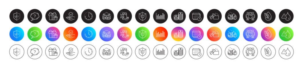 Opened gift, Calendar and Bar diagram line icons. Round icon gradient buttons. Pack of Love couple, Uv protection, Flight destination icon. Question mark, Sports arena, Waterproof pictogram. Vector