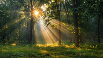an image of a forest clearing with sunbeams breaking through the trees