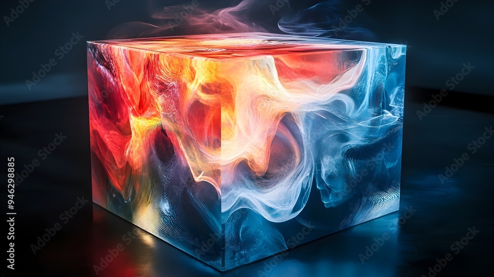 Poster a conceptual image showcasing a box covered in fluid abstract designs that change shape and form as 