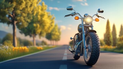 A chrome motorcycle parked on an empty road with golden hour light.  The background is blurred with green trees and sunlight.