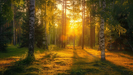 Obraz premium an image of a forest clearing bathed in the golden light of sunset