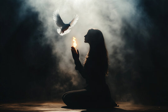 The Holy Spirit as a White Dove Descends Upon a Praying Woman, Signifying Divine Intervention, Spiritual Enlightenment, and the Strength of Faith and Devotion in Christian Belief.