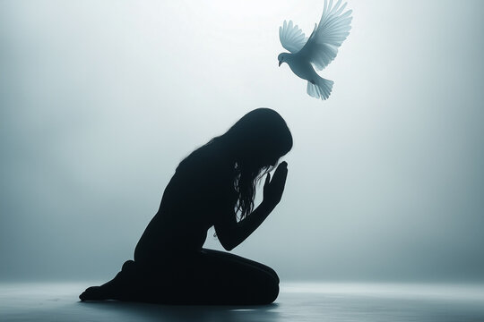 Kneeling Woman Prays in Faith with the White Dove of the Holy Spirit Descending, Representing Spiritual Connection, Divine Intervention, and the Transformative Power of Christian Worship