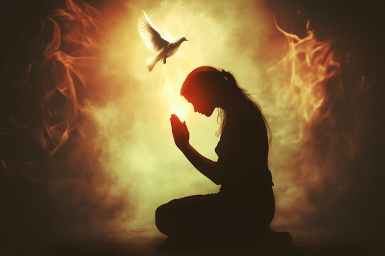 A Woman in Solemn Prayer Receives the Holy Spirit as a Descending White Dove, Highlighting Themes of Faith, Divine Guidance, and the Powerful Presence of God’s Blessing