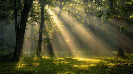 an image of a forest clearing with sunbeams breaking through the trees