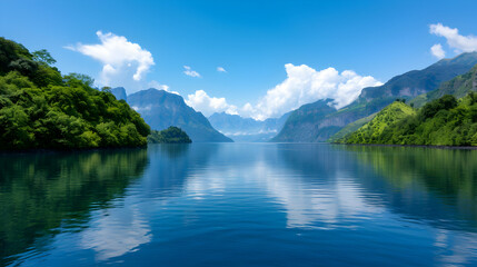 Large Body Water With Mountains The Backgr