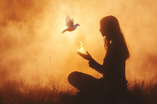 A Kneeling Woman in Deep Prayer with the White Dove of the Holy Spirit Descending, Representing Divine Blessing, Faith, and the Power of Spiritual Connection in Christian Belief