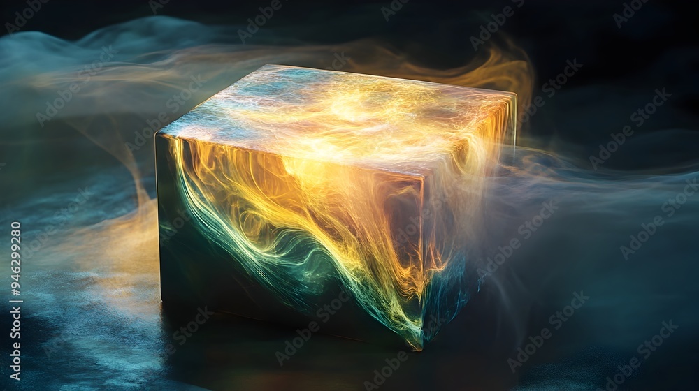 Poster a conceptual image showcasing a box covered in dynamic abstract fluid designs that shift and transfo