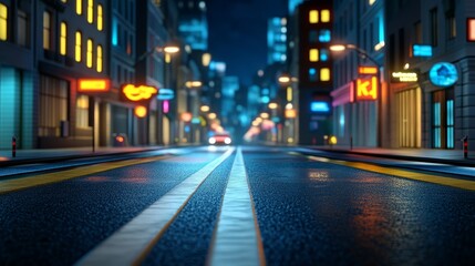 Fototapeta premium A deserted city street at night, illuminated by neon signs and streetlights. A car drives down the empty road.