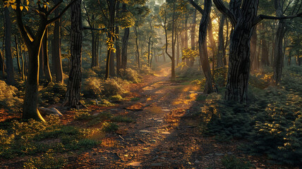 Obraz premium an image of a forest in late afternoon with long shadows and warm light