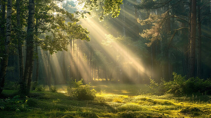 an image of a forest clearing with sunbeams breaking through the trees