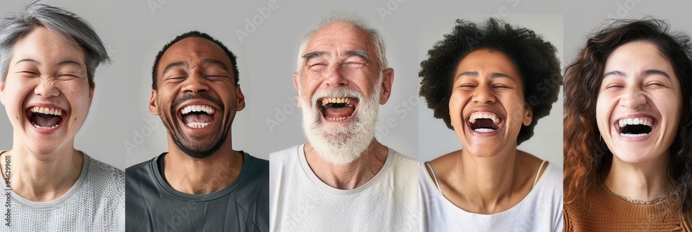Poster A group of five diverse individuals joyfully laughing, showcasing happiness and connection in a neutral backdrop. Generative AI