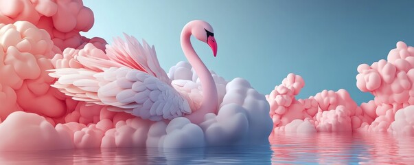 Naklejka premium A graceful flamingo stands amidst fluffy pink clouds, creating a whimsical and dreamy scene.