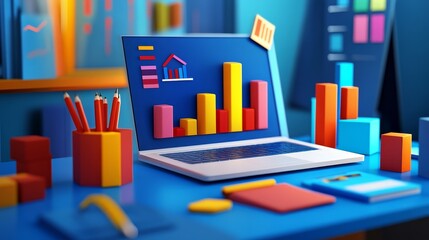 A laptop displaying a graph on a desk with office supplies.