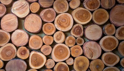 pile of naturial log round teak wood tree stump texture background pattern use for interior wall decoration
