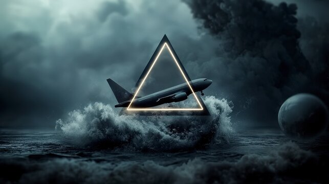 A surreal scene featuring an airplane amidst turbulent waves and a triangular light motif.