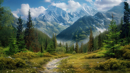 Obraz premium an image of a forest trail leading to a secluded mountain vista