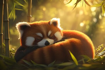 Naklejka premium Red panda curled up in a ball surrounded by bamboo leaves