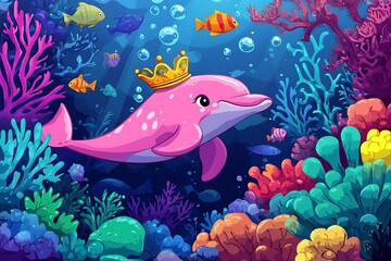 Naklejka premium Chibi Dolphin Diver Royalty: Cartoon Character Exploring Colorful Coral Reef with Tropical Fish in Anime Style