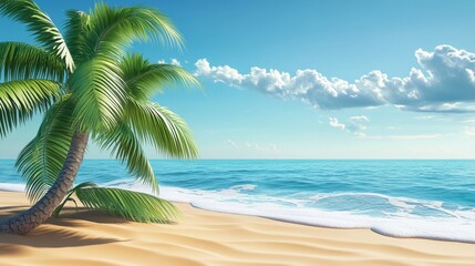 Fototapeta premium A serene beach scene with a palm tree, white sand, and blue ocean under a sunny sky.