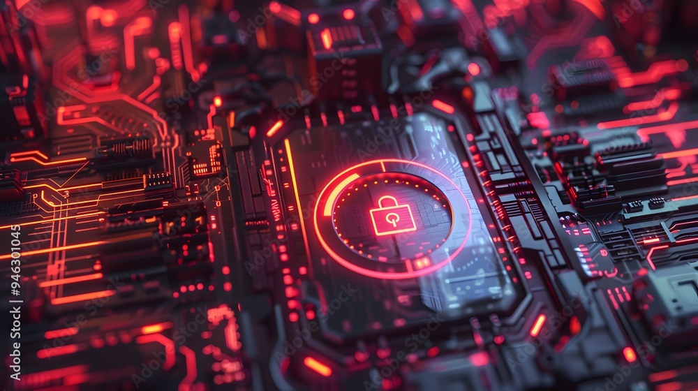 Poster cybersecurity concept with a padlock icon over a password entry screen