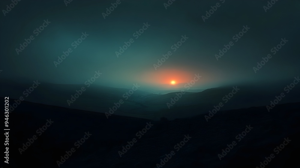 Poster a conceptual image depicting the gradual fading of light across a serene landscape as darkness creep