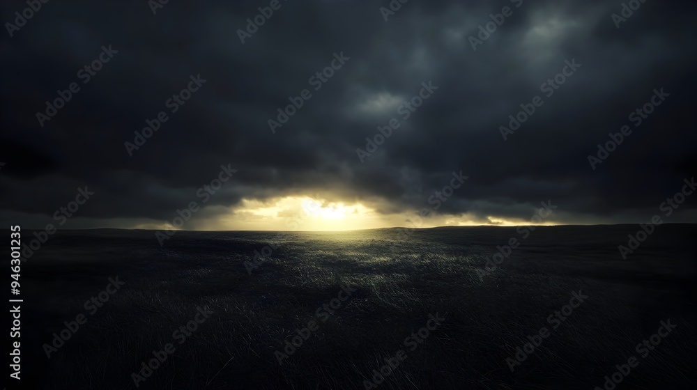 Poster a conceptual image depicting the darkness creeping across a landscape with the last rays of light sl