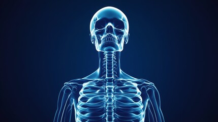 A translucent skeletal structure of a human, featuring the head, neck, and ribcage, rendered on a dark blue background.