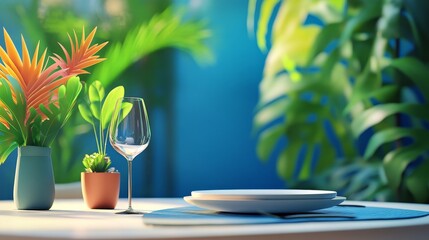 A tropical table setting with a wine glass, plates, and vibrant greenery.  The background is a blurred blue with lush foliage.