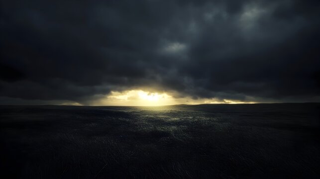A conceptual image depicting the darkness creeping across a landscape with the last rays of light slowly disappearing leaving an atmosphere of gloom and mystery