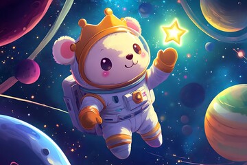 Cosmic Explorer Bear: Cute Cartoon Astronaut in Crown, Chibi Style, Holding Star in Vibrant Anime Space Scene