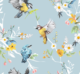 seamless pattern of colorful flowers branches and little birds vector illustration © tsuponk