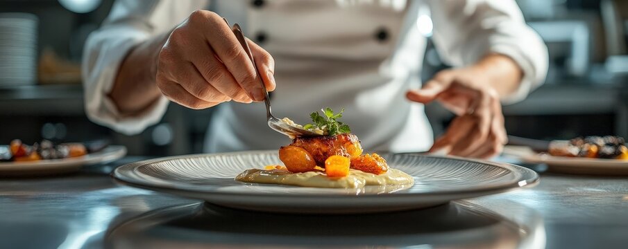 A chef plating a dish in a fine dining restaurant