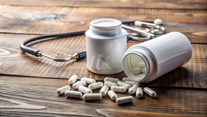 A white pill bottle and capsules with a prescription label on a wooden table, surrounded by scattered medical papers and a stethoscope, conveying healthcare treatment.