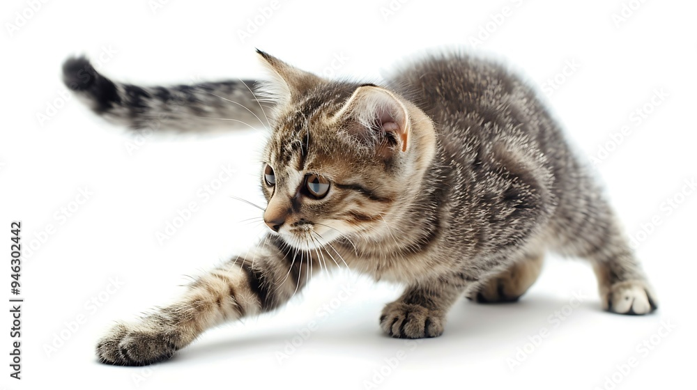 Sticker A playful tabby kitten stretching forward, showcasing its curiosity and playful nature.