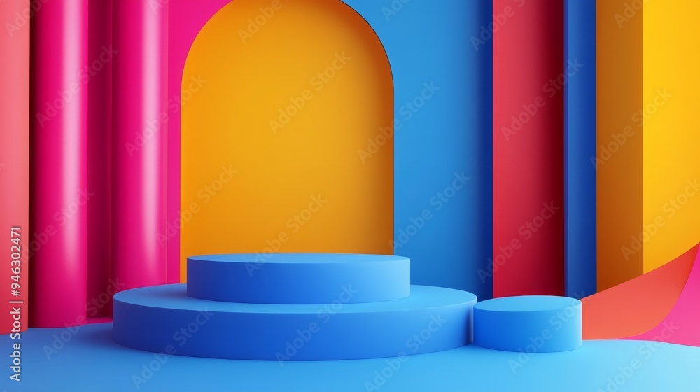 Poster abstract colorful 3d background with blue podium and arches. perfect for product display or branding