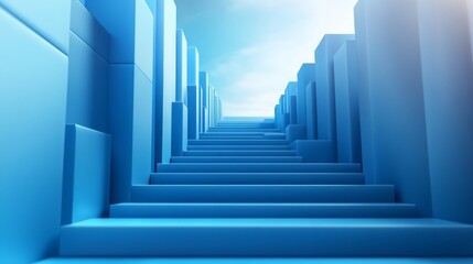 Obraz premium Abstract blue staircase leading towards bright light. A symbol of growth and progress. Geometric design. Architectural background.