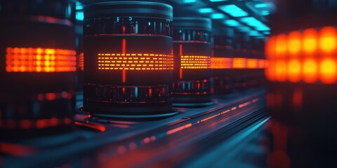 Futuristic technology scene featuring illuminated cylinders in vibrant hues of blue and orange, depicting a high-tech environment.