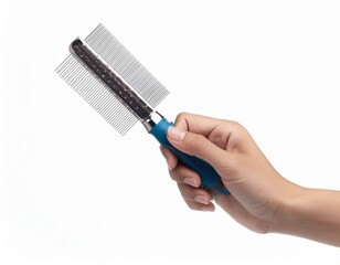 hand holding Comb for pet grooming isolated on white background.