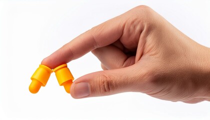 Hand holding Ear plugs isolated on white background.