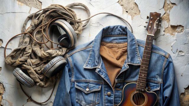 A worn, faded denim jacket slumped against a crisp white wall, surrounded by scraps of ripped paper, rusty headphones, and tangled guitar strings.