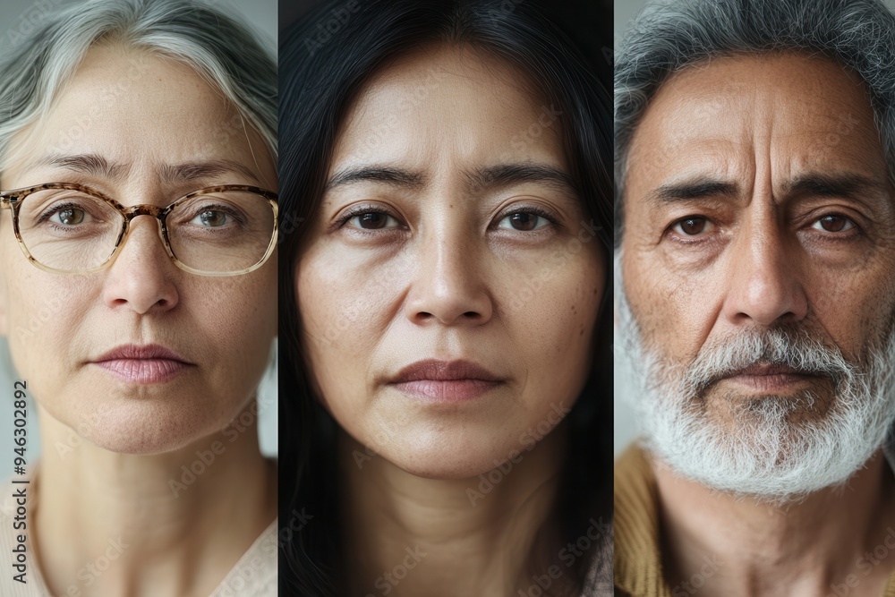 Fototapete Three individuals with distinct features and expressions gaze directly at the viewer, each embodying a unique emotion in a softly lit environment. Generative AI