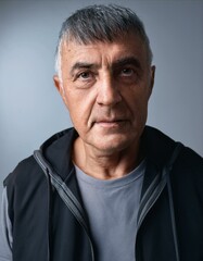 Obraz premium Close-up portrait of a mature man between 50 and 60 years old, masculine, with tanned skin, wearing sportswear, serious, thoughtful.