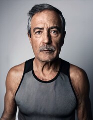 Fototapeta premium Close-up portrait of a mature man between 50 and 60 years old, masculine, with tanned skin, wearing sportswear, serious, thoughtful.