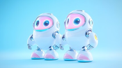 Obraz premium Two cute, futuristic robots with expressive eyes on a soft blue background.