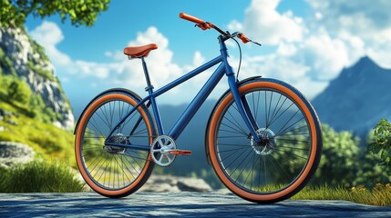 Obraz premium Blue bicycle with brown tires parked on a mountain road with a mountain view in the background.
