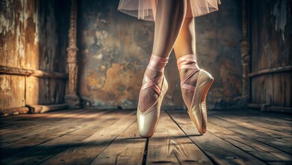 Ballet dancer's feet in pink pointe shoes, gracefully arched and poised on a distressed wooden floor, surrounded by soft, warm, and dramatic lighting.
