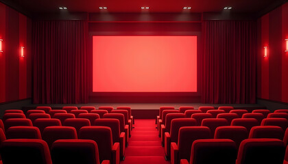 Fototapeta premium Dramatic cinema house with comfortable cushioned sofa seats, cinema room with big screen for entertainment